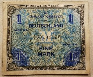 1944 German Military Payment Currency Bank Note Eine 1 Mark Note Collector photo