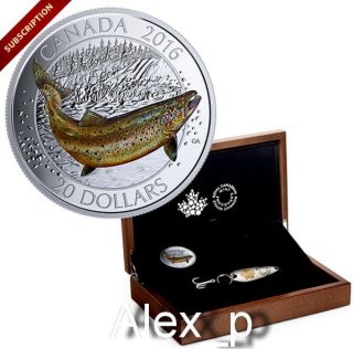 Large Case & Lure With 1 Oz Colorized $20 Fine Silver Coin Atlantic Salmon 2016 photo