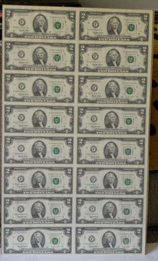 2 Dollar Bill 1995 Series - Uncut Sheet Of 16 photo