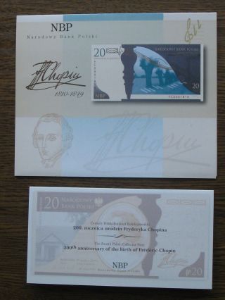 Poland Banknote 20 Zlotych Commemorative Chopin P - 181 Unc,  Folder & Brochure photo
