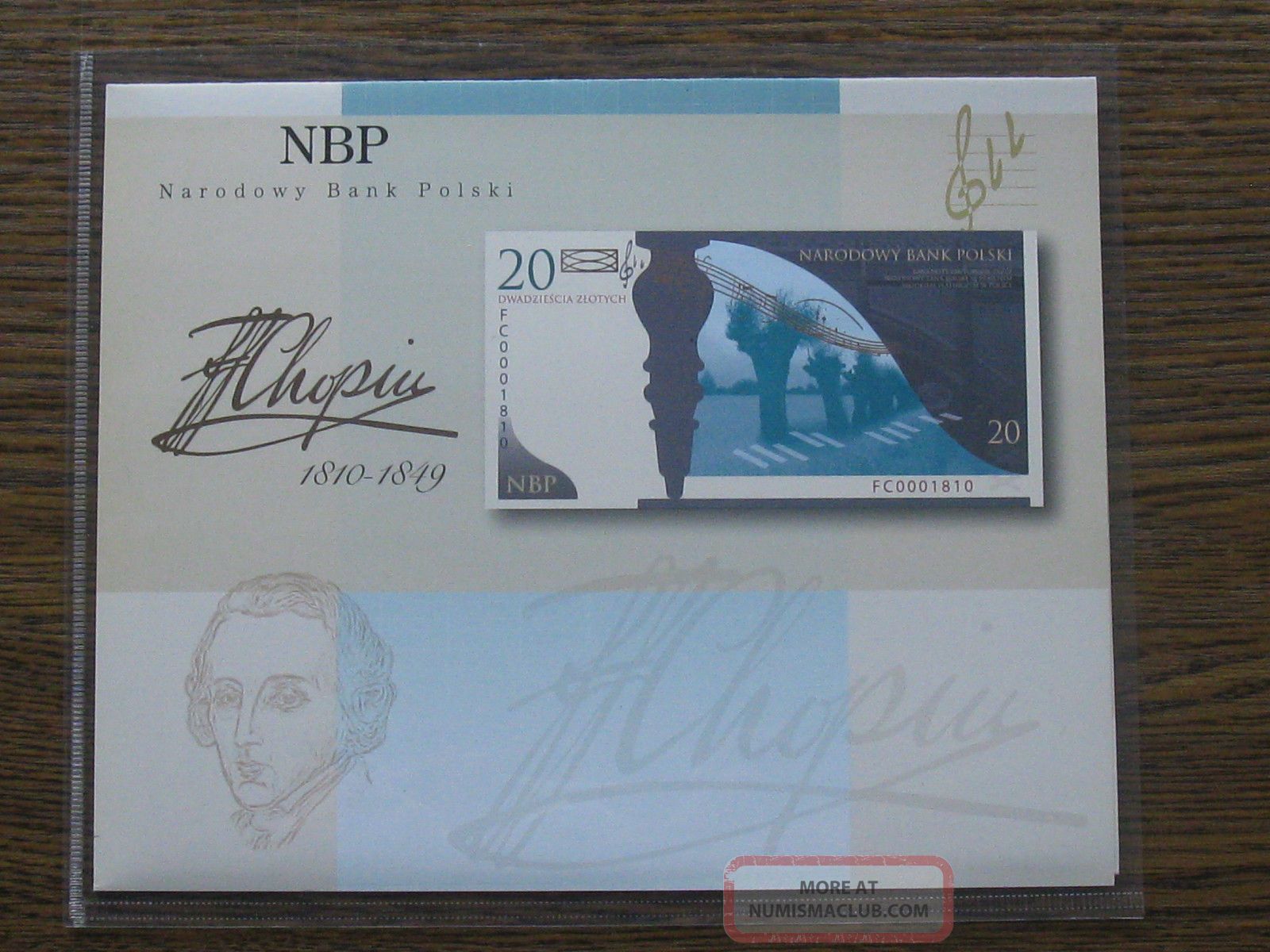 Poland banknote 20 zlotych commemorative chopin p 181 unc folder