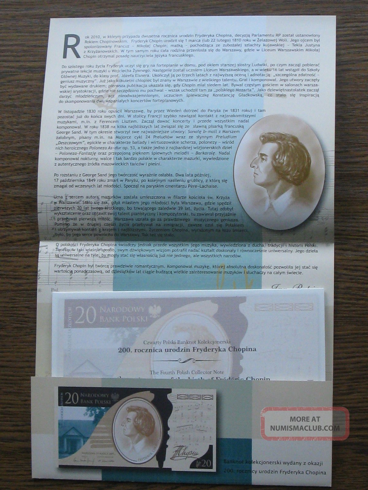 Poland banknote 20 zlotych commemorative chopin p 181 unc folder