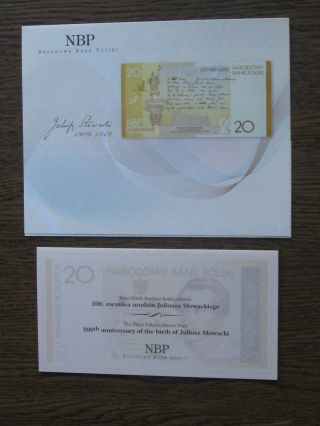 Poland Banknote 20 Zlotych Commemorative Slowacki P - 180 Unc,  Folder & Brochure photo
