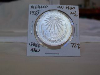 1933 Mexico Silver Un Peso Cap & Rays 72 Silver,  Almost Uncirculated photo