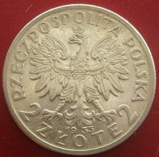 Great Coin 2 Zlote 1933 Polonia Jadwiga Queen Head Silver (pag03) photo