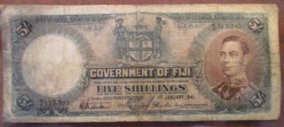 1941 Fiji 5 Shillings Banknote - George Vi - In (f) - Rare British Oceania Note photo