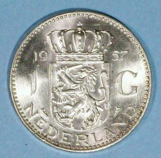 Netherlands 1 Gulden 1957 Brilliant Uncirculated 0.  7200 Silver Coin photo
