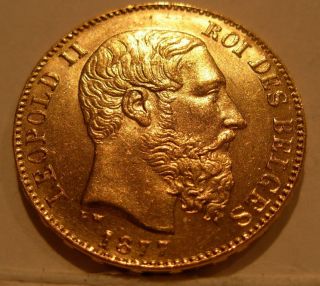 Belgium 1877 Gold 20 Francs Unc photo