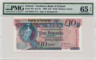 Banknote Bank Of Ireland Ireland Northan 10 Pounds 2008 Pmg 65 Epq photo