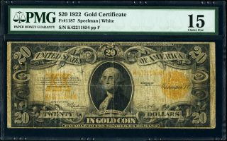 Fr.  1187 $20 1922 Gold Certificate Pmg Choice Fine 15 Plate F Speelman White photo