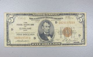 1929 $5 Us National Currency Federal Reserve Bank Cleveland Ohio Five Dollars photo