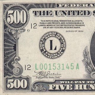 Solid 1934 $500 Dollar Bill San Francisco Five Hundred Frn Fr2201l 2985v photo