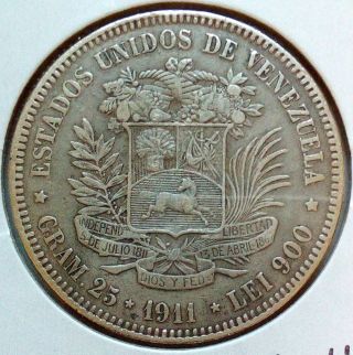 Venezuela Silver Coin Gram 25,  5 Bolivares,  1911 (narrow Date) photo