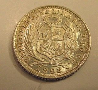 Very Scarce Unc.  Peruvian 1/2 Dinero 1898 F N Silver Coin 1.  25 Grams 900 Silver photo