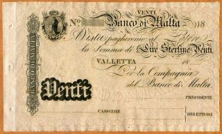 Malta,  Banco Di Malta,  20 Lire,  18xx (ca 1886),  P - S163,  Unc Rare,  Remainder photo