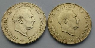 Denmark 1 Krone 1948 (h) N,  S & 1957 (h) C,  S.  Frederick Ix.  One Dollar Coin.  Al - Bz photo