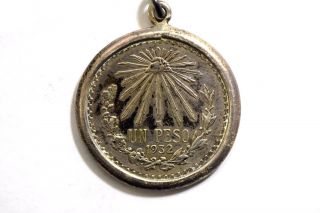 Rare :1932 Mexican Un Peso Silver Coin In Silver Bezel Pendant. photo