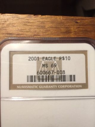 2001 Platinum $10 Eagle 1/10th Oz Ngc Ms 69 photo