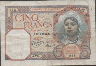 Algeria 5 Francs 27.  2.  1941 Series A.  4977 Circulated Banknote photo