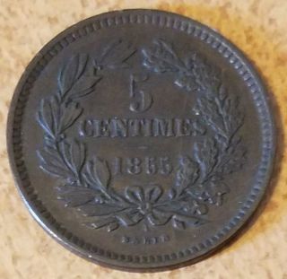 1855 A Luxembourg 5 Centimes Bronze Coin Vf photo