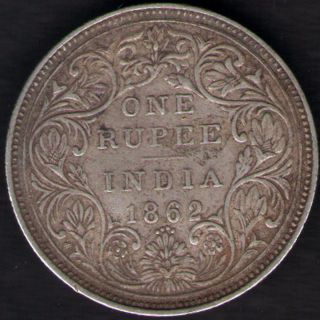 British India 1862 Victoria Empress One Rupee Silver Coin 0/4 Dot Variety Rare photo