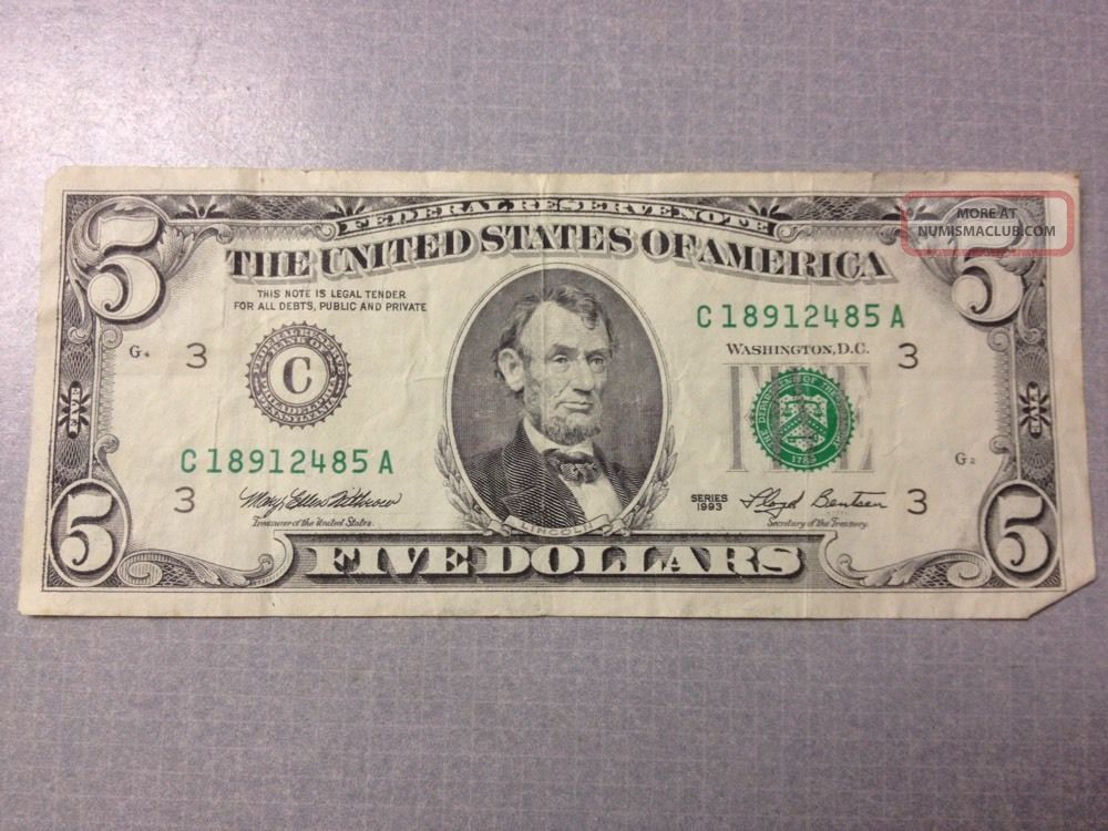 1993 Series C Philadelphia $5 Dollar Bill Federal Reserve Note Old Style