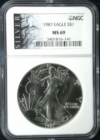 1987 S $1 Silver American Eagle Ngc Ms 69 1 Oz 99.  9 Silver Ms 69 photo