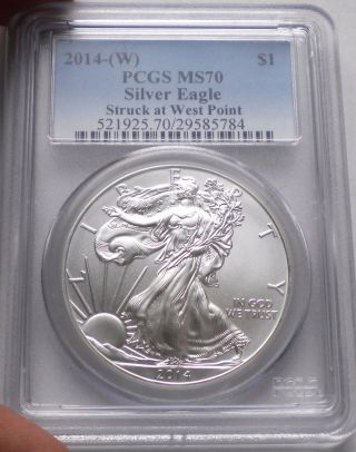 2014 - W Silver Eagle Graded Ms70 By Pcgs Struck At West Point photo