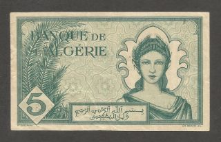 Algeria 5 Francs 1942; Vf; P - 91; S/b - 1111; Young Woman; Wwii Issue photo