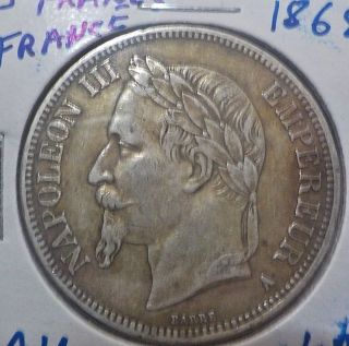 5 Francs Silver France 1868a,  Napoleon Iii,  Details,  Toning photo