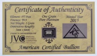 Acb Platinum Solid Bullion Minted 1grain Pt Bar 99.  9 Pure W/ Certificate photo