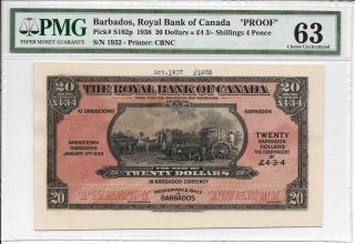Barbados,  Royal Bank Of Canada - $20 = 4 Pounds 3 Shillings 4 Pence.  Pmg 63 & 62 photo