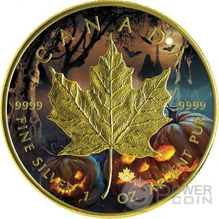 Halloween Maple Leaf 1 Oz Silver Coin 5$ Canada 2016 photo