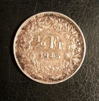 1945 Switzerland.  Silver Swiss Half 1/2 Franc.  Dark Toned Medium photo