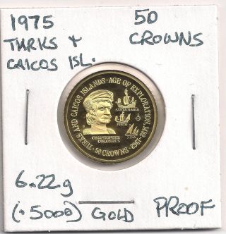 1975 Turks And Caicos Islands 50 Crowns Gold Proof photo
