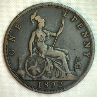 1892 Great Britain Penny Km 755 Bronze Uk English Coin Yg P photo