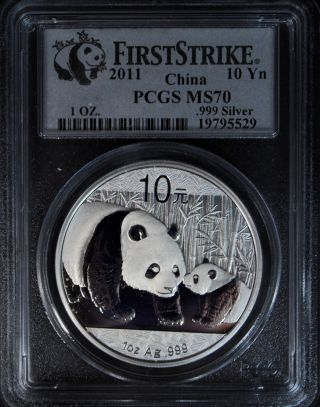 2011 China Silver Panda 10 Yuan Coin First Strike 1oz.  999 Pcgs Graded Ms70 photo