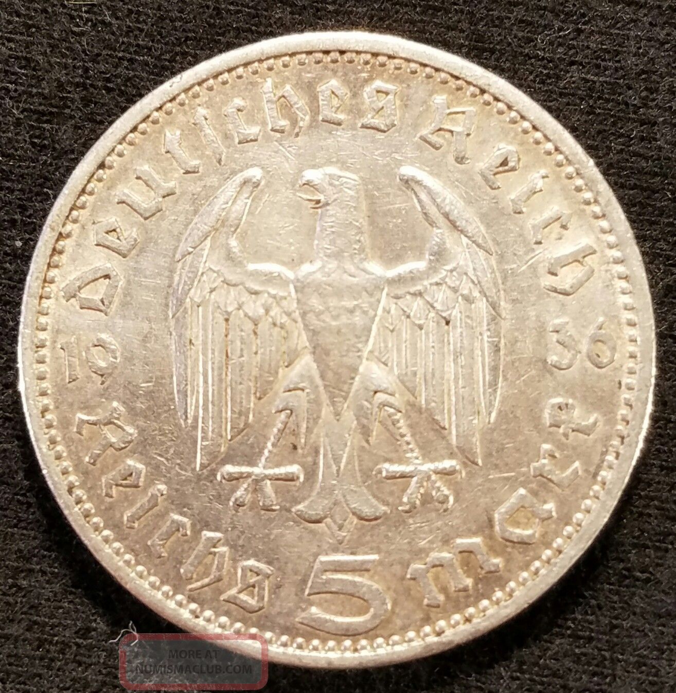5 Mark Silver Coin – Germany Third Reich Reichsmark WWII Era AU/Better