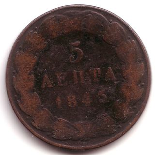 Greece : Copper 5 Lepta.  1845.  Grade G photo