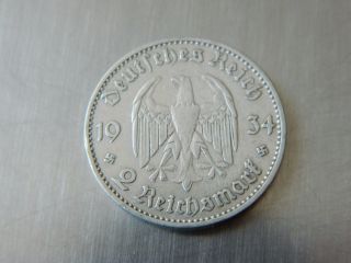 Nazi Third Reich German 2 Reichsmark 1934a With Swastikas (4188) photo