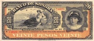 Mexico / Sonora 20 Pesos Nd.  1897 S 421r Series Dy Circulated Banknote photo