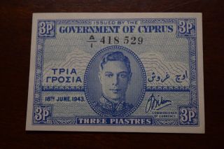 Cyprus 3 Piastres 18 June 1943 Pick 28 Aunc/unc photo