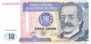 Peru 10 Intis 26.  6.  1987 Block Ap Uncirculated Banknote,  G6 photo