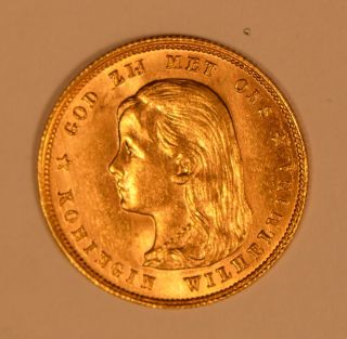 1897 Netherlands Queen Wilhelmina 10 Gulden Gold Coin photo