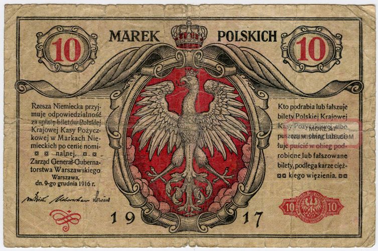 Poland 1917 Issue 10 Marek Polskich Scarce Note. Pick 12.