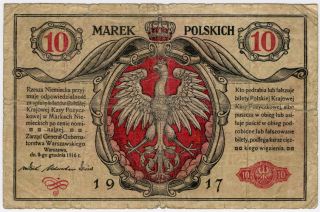 Poland 1917 Issue 10 Marek Polskich Scarce Note.  Pick 12. photo