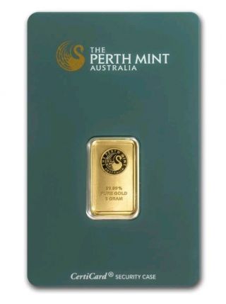 Perth 5 Gram 999.  9 Gold Bullion Bar - In Assay Card - 24k Pure Gold - 5gr photo