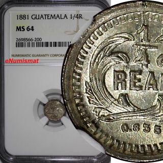 Guatemala Silver 1881 1/4 Real Ngc Ms64 Better Date Light Toned Km 151 photo