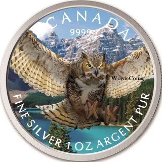 2015 Canadian 1 Oz 0.  9999 Silver Horned Owl Colourized Coin Birds Of Prey Series photo
