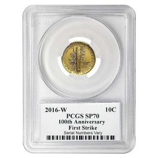 100th Anniversary Mercury Dime.  9999 Gold Pcgs Sp 70 First Strike $329.  88 photo